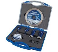 Mexco - Diamond Blade and Tile Drill Kit - 6mm, 7mm,18mm and 25mm M14 Wax filled Tile Drill Bits, 115mm Ultra Hard Materials Blade with M14 to Hex Adaptor, Cooling Wax and Carry Case