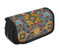Mexican Ceramic Tile Pencil Case Organizer Large Capacity Cute Pen Pouch with 3 Compartment Office Stationery Large Pencil Bags with Zipper Fabric Pen Bag for Adults Portable Makeup Bag (Black)