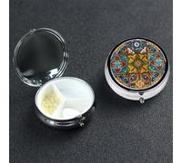 Mexican Ceramic Tile Pill Box with Mirror 3 Compartment Decorative Pill Case for Purse or Pocket Small Round Pill Organizer Weekly Metal Medicine Tablet Vitamin Holder Travel Gift