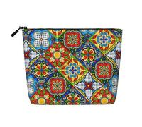 Mexican Ceramic Tile Printed Fake Hemp Makeup Bag â€“ Travel Toiletry Organizer, Daily Storage, Business Trip Essential