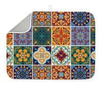 Mexican Ceramic Tiles Dish Drying Mat for Kitchen Counter 18"X24" Mandala Tiles Absorbent Dish Drainer Mat Quick Dry Heat Resistant Coffee Bar Mat for Table Faucet Sink Coffee Bar Refrigerator