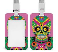 Mexican Colourful Skull Badge Holder with Lanyard - Waterproof Hard Plastic ID Card Holder Professional Name Tag Vertical ID Card Name Badge for Office Nurse Doctor Teacher