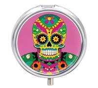 Mexican Colourful Skull Metal Pill Organizer, 3 Compartment Waterproof Pill Case with Mirror for Purse Pocket Bag, Daily Medicine Vitamin Holder, Portable Travel Med Container(Round)