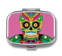 Mexican Colourful Skull Pill Box 2 Compartment - Small Metal Medicine Organizer Portable Pill Case for Purse Pocket Travel Vitamin Organizer for Men Women, BPA-Free