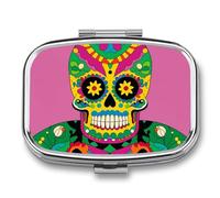 Mexican Colourful Skull Pill Box with 2 Compartments Portable Metal Medicine Organizer for Pocket Purse and Travel Compact Pill Case and Fish Oil Vitamins Supplements