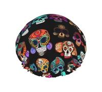 Mexican Colourful Skull Print Shower Cap, Bath Shower Caps for Women Long Hair, Double Layer Waterproof Bathing Shower Hat