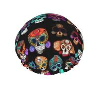 Mexican Colourful Skull Printed Reusable Bathing Cap, Dual Layer Hair Cover For Long Thick Hair, 10.6in Headgear