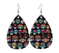 Mexican Colourful Skull Teardrop Faux Leather Earrings Set For Women Printed Lightweight Dangle Drop Pierced Girls