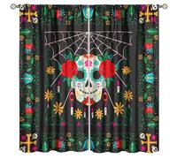 Mexican Curtain, Vintage Colorful Print Halloween Home Decor Drapes Bedroom Living Room Rod Pocket Window Treatment 2 Panel Set Total Size 72" W X 63" L Inch