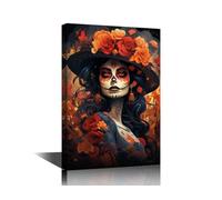 Mexican Day of the Dead Prints on Canvas Wall Art Woman with Sugar Skull Makeup and Flowers Paintings Art Wall Decor Decoration for Living Room Bedroom Decorations Artwork 16" Wx24 Hx1 Panel