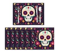 Mexican Day Of The Dead Table Mats Set of 6, Washable Non-slip Place Mats Skeleton Heat Insulation Placemats for Kitchen Dinning Restaurant, 45x30cm, Dark Purple
