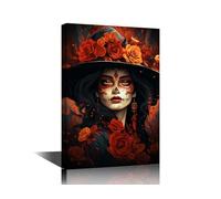 Mexican Day of the Dead Wall Art for Living Room Sugar Skull Girl with Red Roses in Her Hair Canvas Printing for Bedroom Wall Decor Woman in Skeleton Makeup Painting House Artwork 12"Wx18"Hx1 Panel