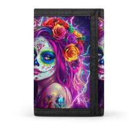 Mexican Day of The Dead Women Trifold Men's Wallets with 8 Card Slots & Key Hook Slim Travel Purse Money Clip