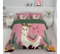 Mexican Desert Landscape Coverless Duvet Set with 1 Pillowcases, Single Reversible Duvet All Seasons with Cartoon Alpaca Cactus Pattern, Lightweight and Warm Down Alternative, 135x200cm, Light Pink