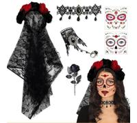 Mexican Dia de Muertos Kit Cloth Blossom Necklace Bracelet | Complete ensemble, black red lace, blossom headpiece, necklace, bracelet, festive Mexican theme