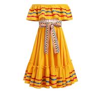 Mexican Dress for Girls Traditional Folk Ruffle Drape Dresses with Belt Off Shoulder Cinco De Mayo Folklorico Fiesta Halloween Carnival Birthday Party Costume