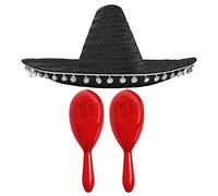 MEXICAN FANCY DRESS ACCESSORY SET - MEXICAN SOMBRERO WITH MARACAS - PERFECT FOR MEXICAN FANCY DRESS COSTUMES SENORITA BANDIT MARIACHI FANCY DRESS (BLACK POM POM SOMBRERO + 2X RED MARACAS)