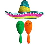 MEXICAN FANCY DRESS ACCESSORY SET - MEXICAN SOMBRERO WITH MARACAS - PERFECT FOR MEXICAN FANCY DRESS COSTUMES SENORITA BANDIT MARIACHI FANCY DRESS (BLACK POM POM SOMBRERO + GREEN AND ORANGE MARACAS)