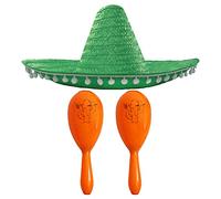 MEXICAN FANCY DRESS ACCESSORY SET - MEXICAN SOMBRERO WITH MARACAS - PERFECT FOR MEXICAN FANCY DRESS COSTUMES SENORITA BANDIT MARIACHI FANCY DRESS (BLACK POM POM SOMBRERO + 2X ORANGE MARACAS)