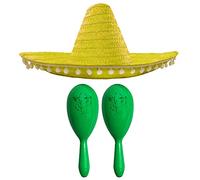 MEXICAN FANCY DRESS ACCESSORY SET - MEXICAN SOMBRERO WITH MARACAS - PERFECT FOR MEXICAN FANCY DRESS COSTUMES SENORITA BANDIT MARIACHI FANCY DRESS (BLACK POM POM SOMBRERO + 2X GREEN MARACAS)