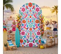 Mexican Fiesta Arch Backdrop Cover 7.2FT, Wrinkle-Free Spandex Chiara Arch Cover for Birthday Party, Colorful Otomi Floral & Mexico Talavera Design, Cinco De Mayo Photo Backdrop Decoration