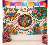 Mexican Fiesta Celebration Guitar Backdrop Banner 71x43 Inch | Tropical Floral Accents, Photo Backdrop, Latin America Flag Bunting, Sombrero Motifs, Traditional Drums
