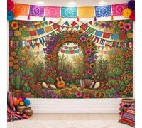 Mexican Fiesta Celebration Theme Marigold Arch Backdrop Banner 83x59 Inch | Papel Picado Bunting, Photography Backdrop, Acoustic Guitar, Cactus Garden, Vibrant Floral Motifs, Celebration Atmosphere