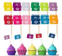 Mexican Fiesta Cupcake Toppers - 24-Pack Mini Papel Picado Banner with 12 Vibrant Colors, for Cinco de Mayo Party, Dia de Muertos, Birthday Cake Decorations