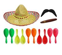 MEXICAN FIESTA SOMBRERO, 2X PLASTIC MARACAS, JUMBO CIGAR AND STICK ON TASH - PERFECT FOR ADULTS WILD WEST / AROUND THE WORLD FANCY DRESS PARTY - YELLOW