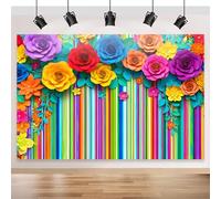 Mexican Fiesta Stripes Paper Flower Party Backdrop, Cinco De Mayo Theme Paper Flowers Background Decoration, 7x5FT Birthday Wedding Party Decor Photo Props