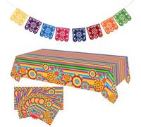 Mexican Fiesta Table Set: 1 Tablecloth, 20 Napkins & 1 Flag Bunting | Disposable striped and floral table decorations for Cinco de Mayo, taco nights, birthdays and indoor or outdoor fiestas