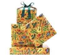 Mexican Fiesta Wrapping Paper, Cactu Chili Pepper Sombrero Guitar Mustache Printed Mexico Party Gift Wrap Folded Flat for Mexican Themed Cinco De Mayo Carnival Holiday Birthday Gift Packing Decoration