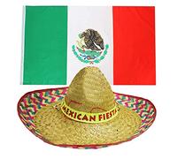 MEXICAN FLAG & HAT FANCY DRESS ACCESSORY SET. 3X5FT FLAG + MEXICAN SOMBRERO. CINCO DE MAYO MEXICO SUPPORTERS FLAG & HAT FANCY DRESS ACCESSORY SET FOOTBALL FLAG