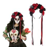 Mexican Flower Headband Day of the Dead Red Black Rose Floral Crown Headpiece for Halloween Cosplay Costume Party Women Girls Hair Decoration