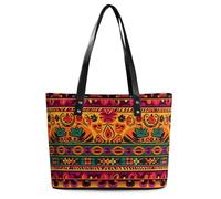Mexican Folk Art Boho Leather Tote Bag for Women Work Shoulder Purses with Zipper Waterproof Large Computer Shoulder Bag Fashion Ladies Shoulder Handbag Reusable Shopping Bags