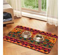 Mexican Folk Art Boho Pet Feeding Mat Absorbent Pu Leather Dog Cat Food Mats Contain Spills Protects Floors, Anti-Slip Rubber Backing Dog Bowl Mats Easy Clean Pet Placemats 30x45cm