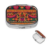 Mexican Folk Art Boho Pill Box 2 Compartment Medicine Pill Organizer Square Pill Case for Purse & Pocket Travel Pillbox Portable Metal Medicine Vitamin Fish Oil Organizer Unique Gift