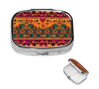 Mexican Folk Art Boho Pill Box 2 Compartment Medicine Pill Organizer Square Pill Case for Purse & Pocket Travel Pillbox Portable Metal Medicine Vitamin Fish Oil Organizer Unique Gift