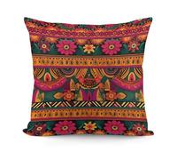 Mexican Folk Art Boho Plush Cushion Covers, 18x18 Inch Comfortable Pillow Cases with Hidden Zipper, Square Decorative Throw Pillow Cover for Living Room Bedroom Sofa, No Insert Included