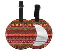 Mexican Folk Art Boho Print Luggage Tag Round Leather Luggage Tag Easy Identification & Privacy Protection for Suitcases Easy to Identify Privacy Cover Id Label