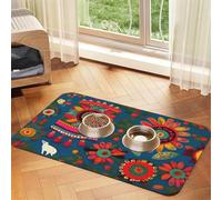 Mexican Folk Art Boho Print Pet Food Mat Absorbent Non Slip PU Leather Feeding Mat for Dogs Cats Rubber Bottom