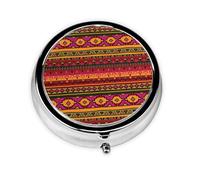 Mexican Folk Art Boho Print Pill Box Purse Small Round Pill Case Decorative Box Metal Medicine Vitamin Pill Organizer for Pocket Or Purse