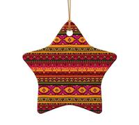 Mexican Folk Art Boho Print Tree Ceramic Hanging Decor, Christmas Ceramic Star Heart Pendant For Xmas Tree Festive Setup