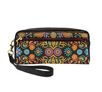Mexican Folk Art Boho Printed Makeup Bag for Women Travel PU Leather Cosmetic Bag with Wristlet Toiletry Bag