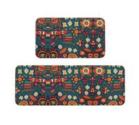 Mexican Folk Boho Christmas Kitchen Mats, 2pcs Cushioned Kitchen Mats for Floor, Non Slip Mat for Kitchen, Floor