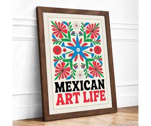 Mexican Folk Celebration Boho Framed Wall Art Print A3 Walnut