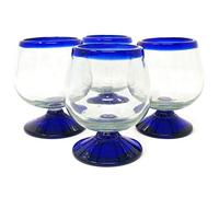 Mexican Hand Blown Glass - Set of 4 Hand Blown Cognac Snifter Glasses - Cobalt Blue Rim