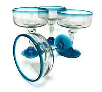 Mexican Hand Blown Glass - Set of 4 Hand Blown Margarita Glasses (16 oz) with Aqua Blue Rims