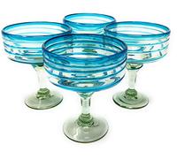 Mexican Hand Blown Glass - Set of 4 Hand Blown Margarita Glasses (16 oz) with Aqua Spiral Design