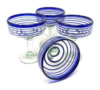 Mexican Hand Blown Glass - Set of 4 Hand Blown Margarita Glasses (16 oz) with Blue Spiral Design